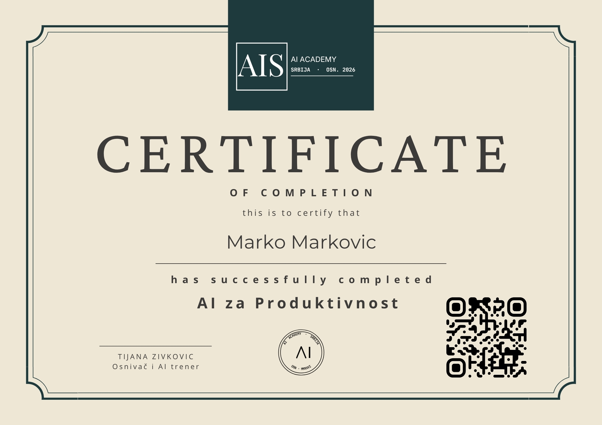 Mockap sertifikata AI Academy Serbia — Certificate of Completion sa QR kodom i jedinstvenim kredencijalima.